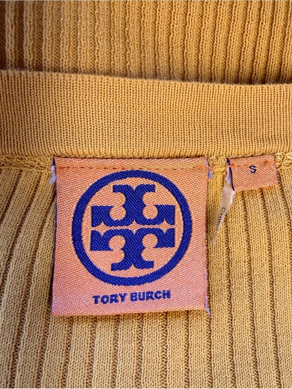 Tory Burch Simone Ribbed Cardigan Sweater Mustard Yellow Logo Button Cotton SZ S